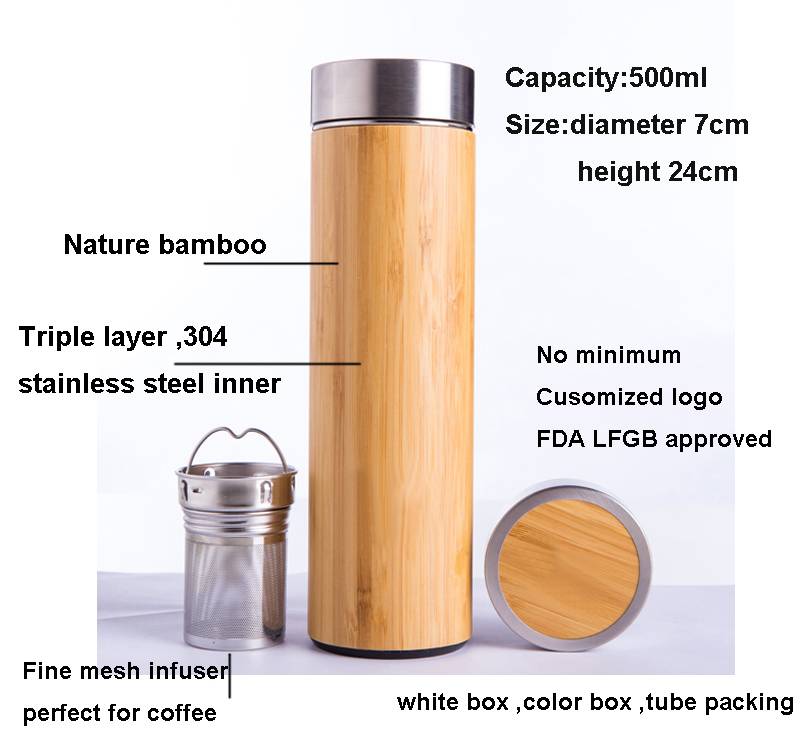 500ml Custom Logo Thermos Bamboo Stainless Tumbler Wooden Lid