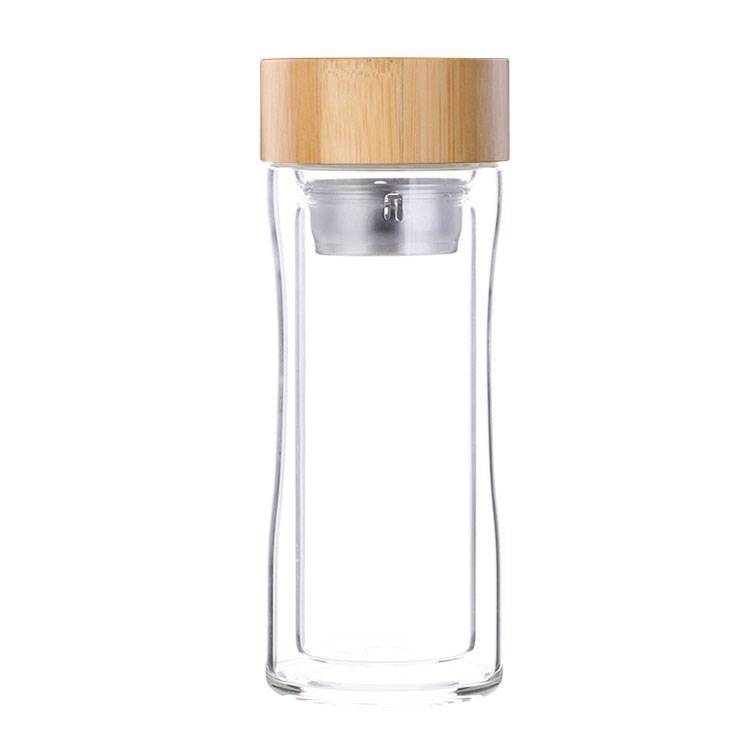 250ml/10oz Low Moq Double Wall Glass Water Drinking Bottle With Bamboo Lid Bg522