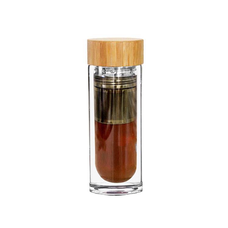 Double Wall Thick Bottom Glass Water Bottle With Bamboo Lid Fruit Infuser Water Bottle Easy Clear Bg523